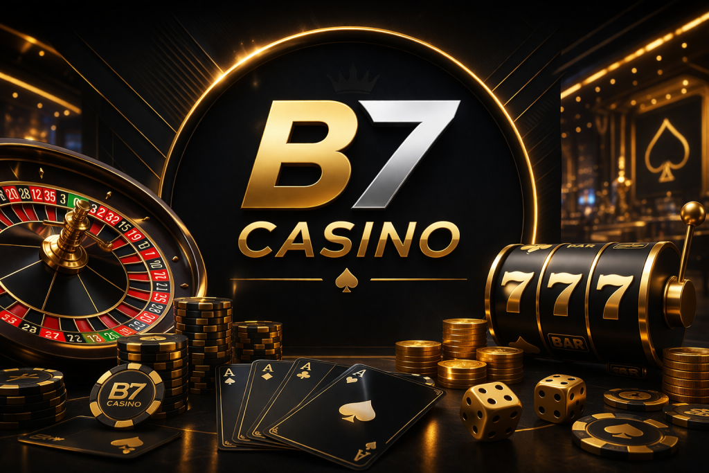 Luxe online casino banner met roulette, kaarten, fiches en gouden gokkast